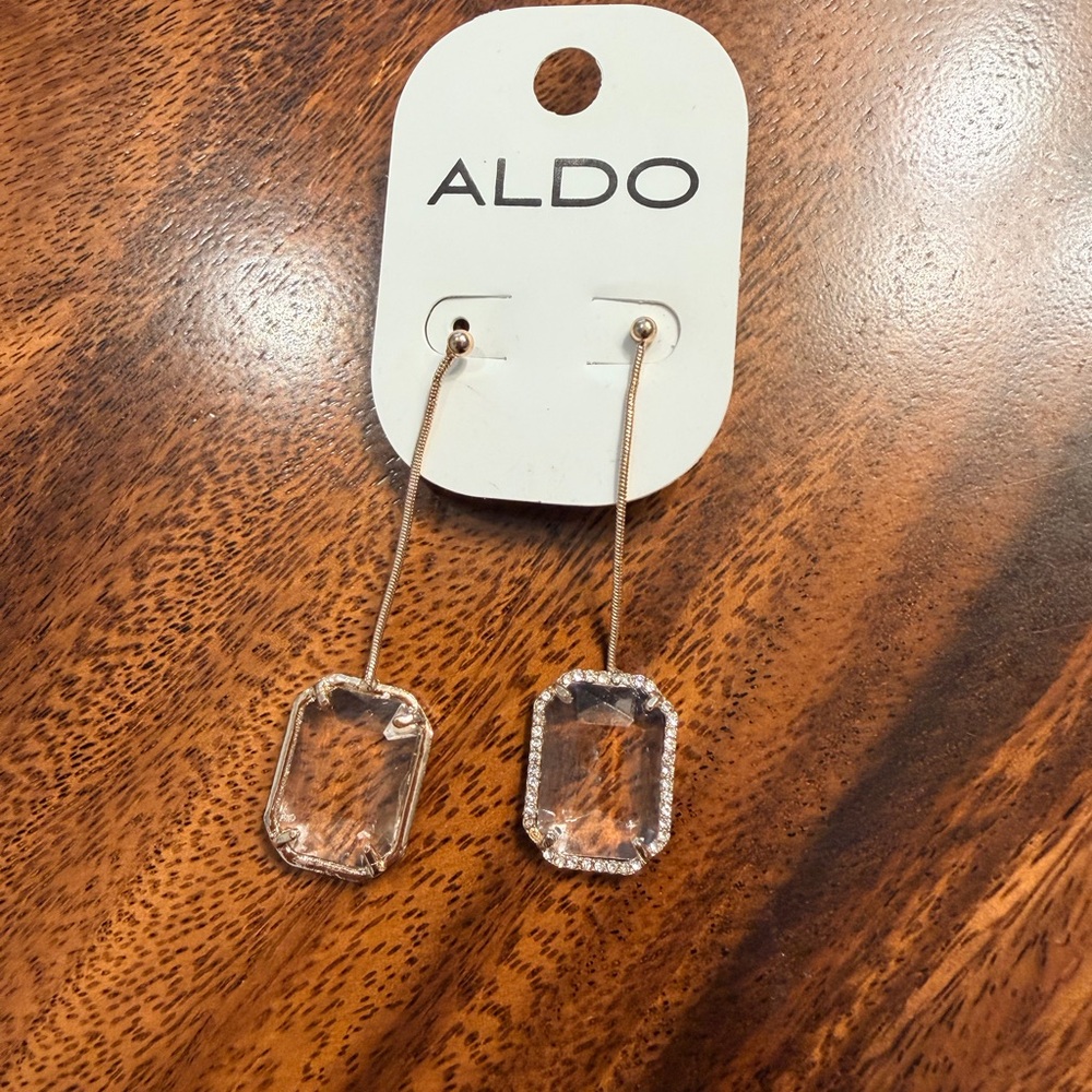 ALDO NWT Gold-Tone Drop Earrings w Clear Crystal Emerald Pendants in Pave Frame - Picture 6 of 6